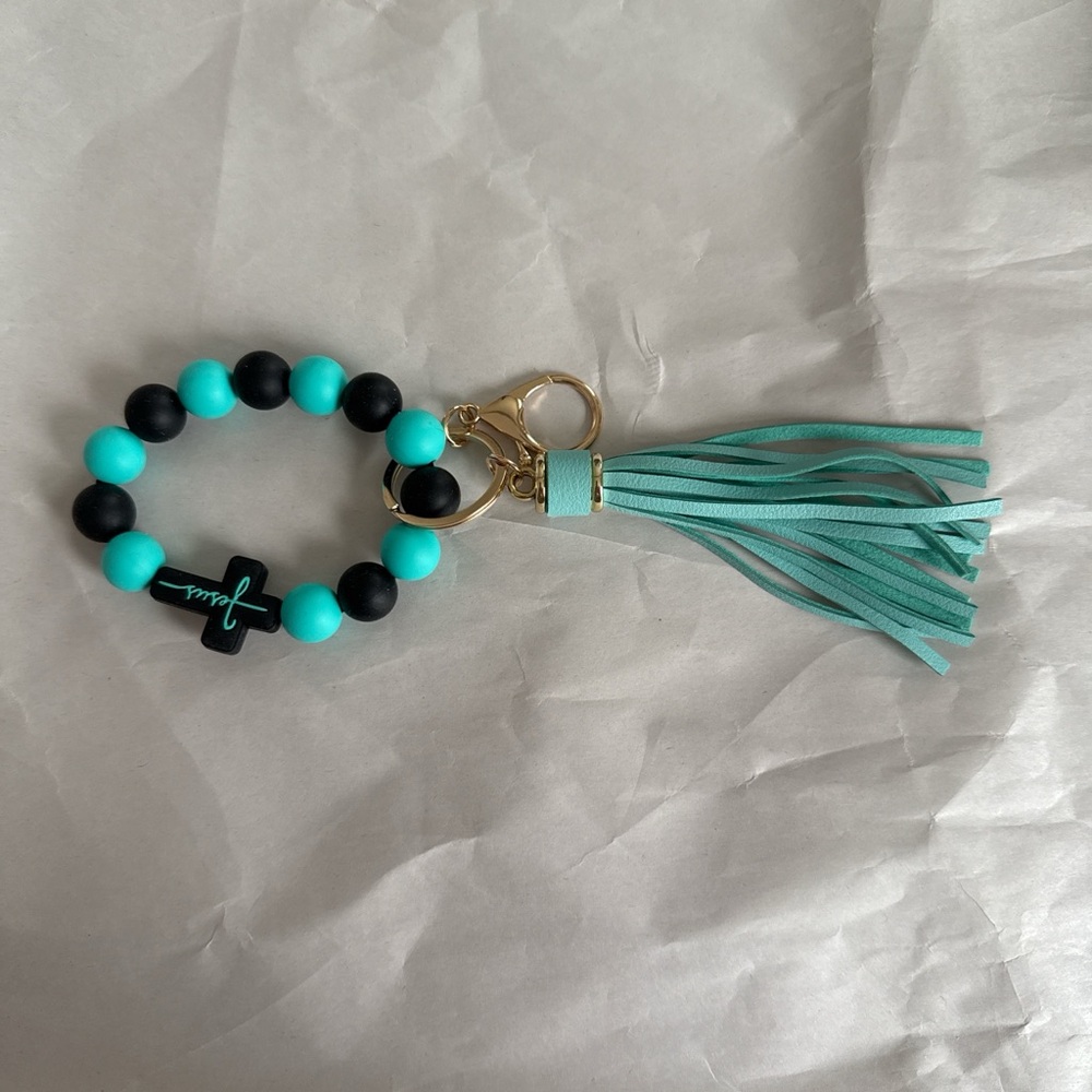 Teal and Black Jesus Beaded Tassel Keychain